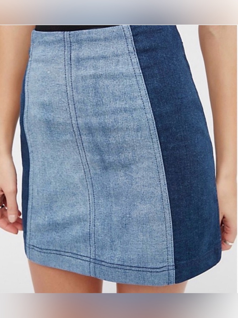 Free People Modern Femme Denim Mini Skirt 2 Two Tone Colorblock Blue Stretch